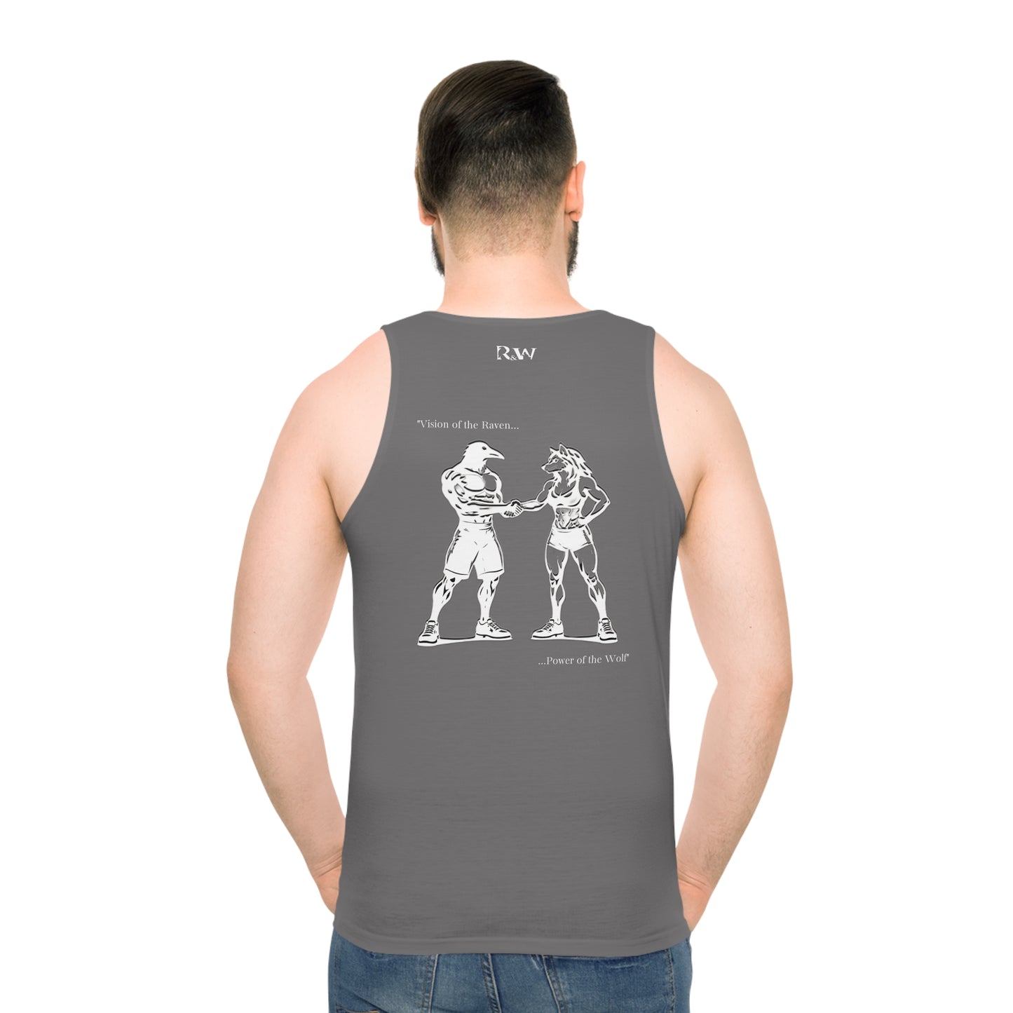 R&W Athletics "Origin Story" Comic-Style Fitness Tank Top — Asphalt Grey