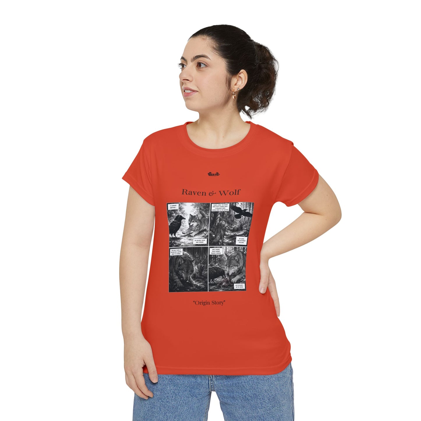 Women's Raven & Wolf "Origin Story" Vintage Comic Graphic Tee — Rojo Rugiente I