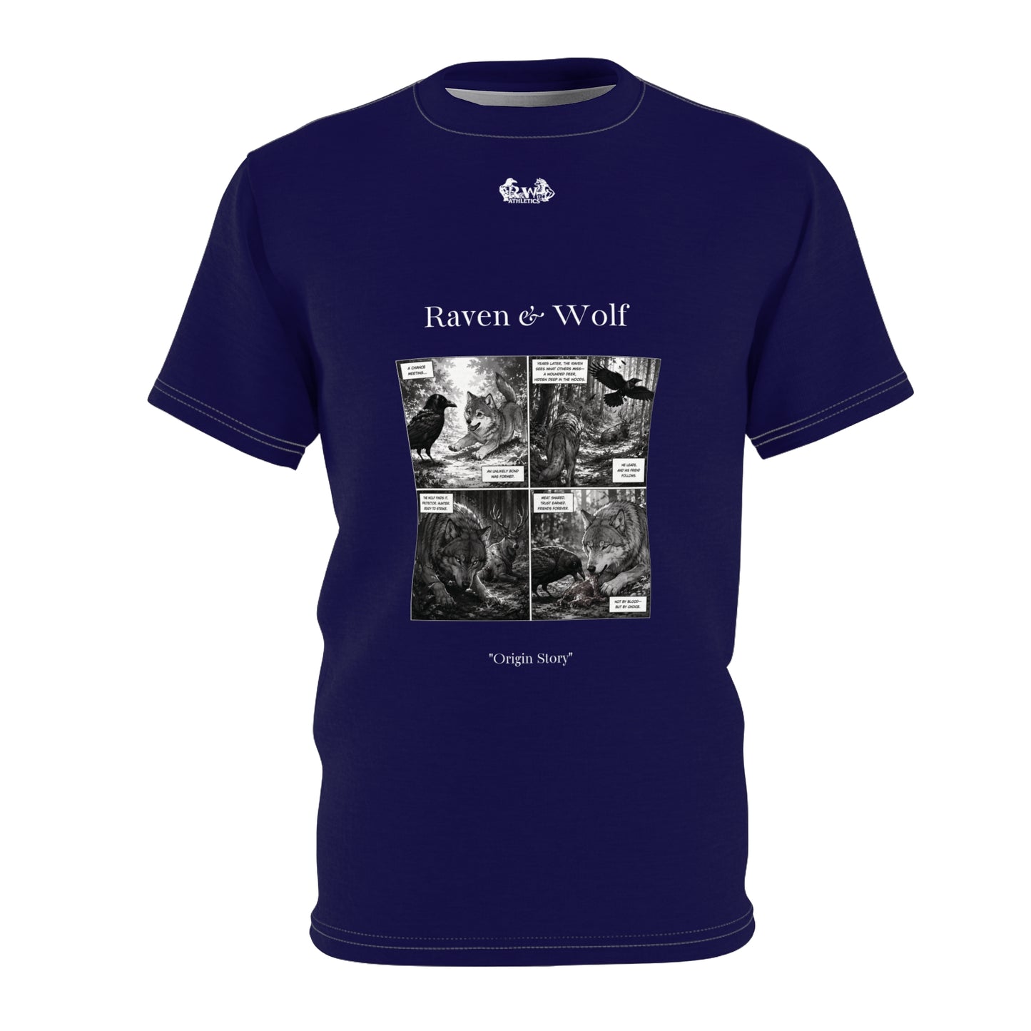 Raven & Wolf "Origin Story" Graphic Tee — Noble Navy Vintage Gothic Comic Panel T-Shirt