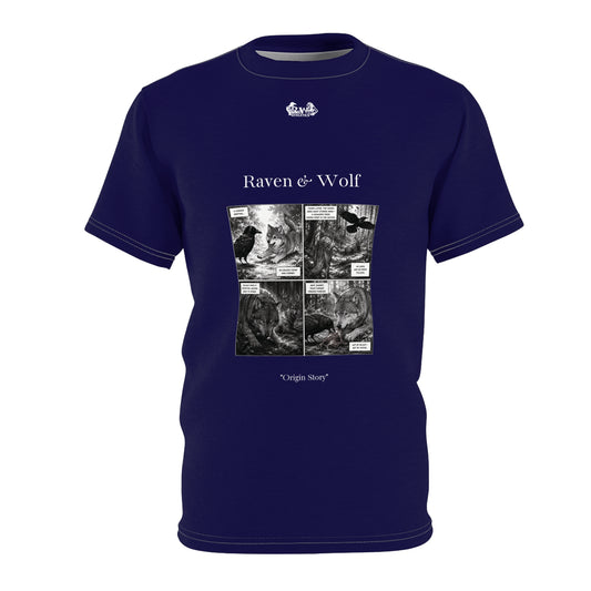 Raven & Wolf "Origin Story" Graphic Tee — Noble Navy Vintage Gothic Comic Panel T-Shirt