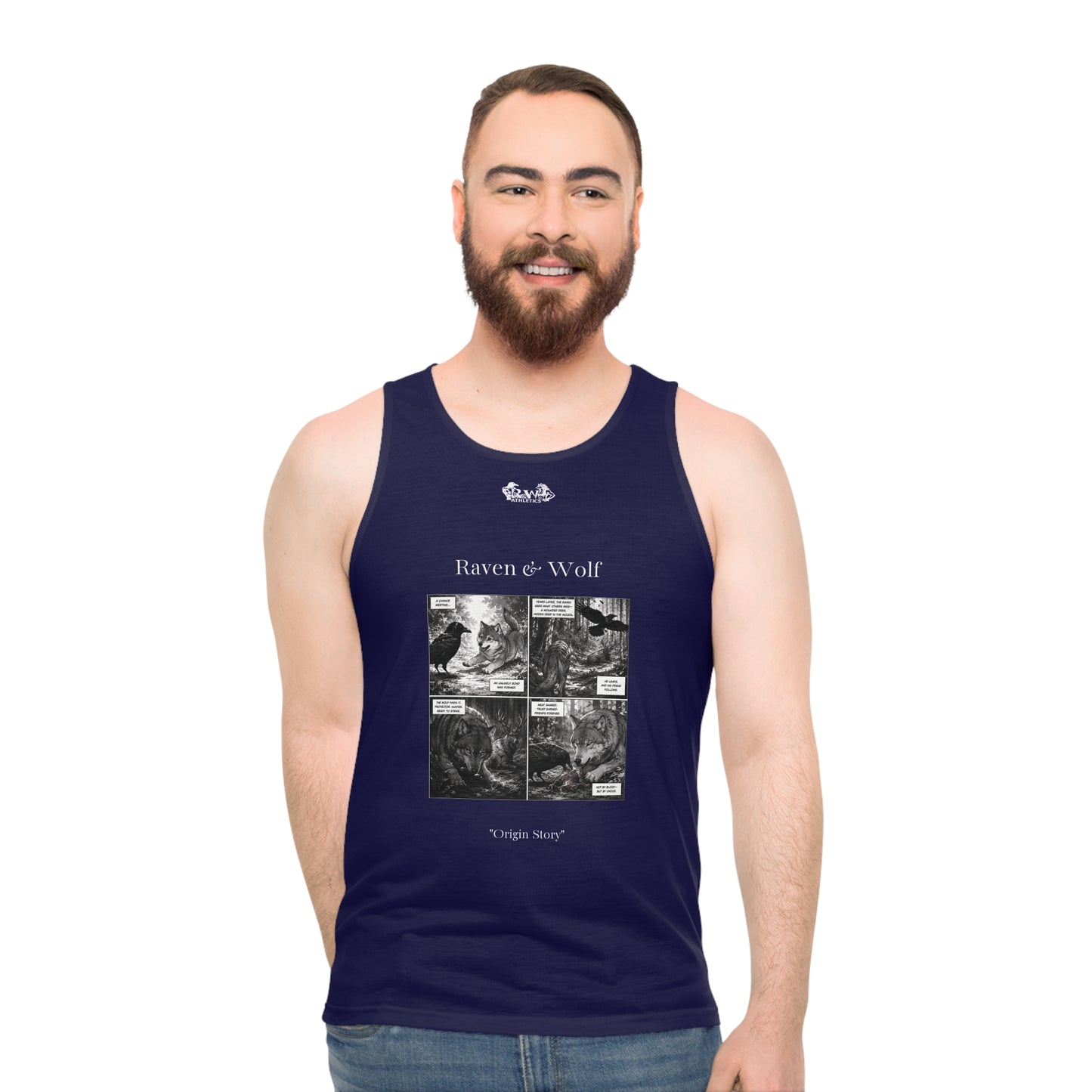 R&W Athletics "Origin Story" Comic-Style Fitness Tank Top — Noble Navy