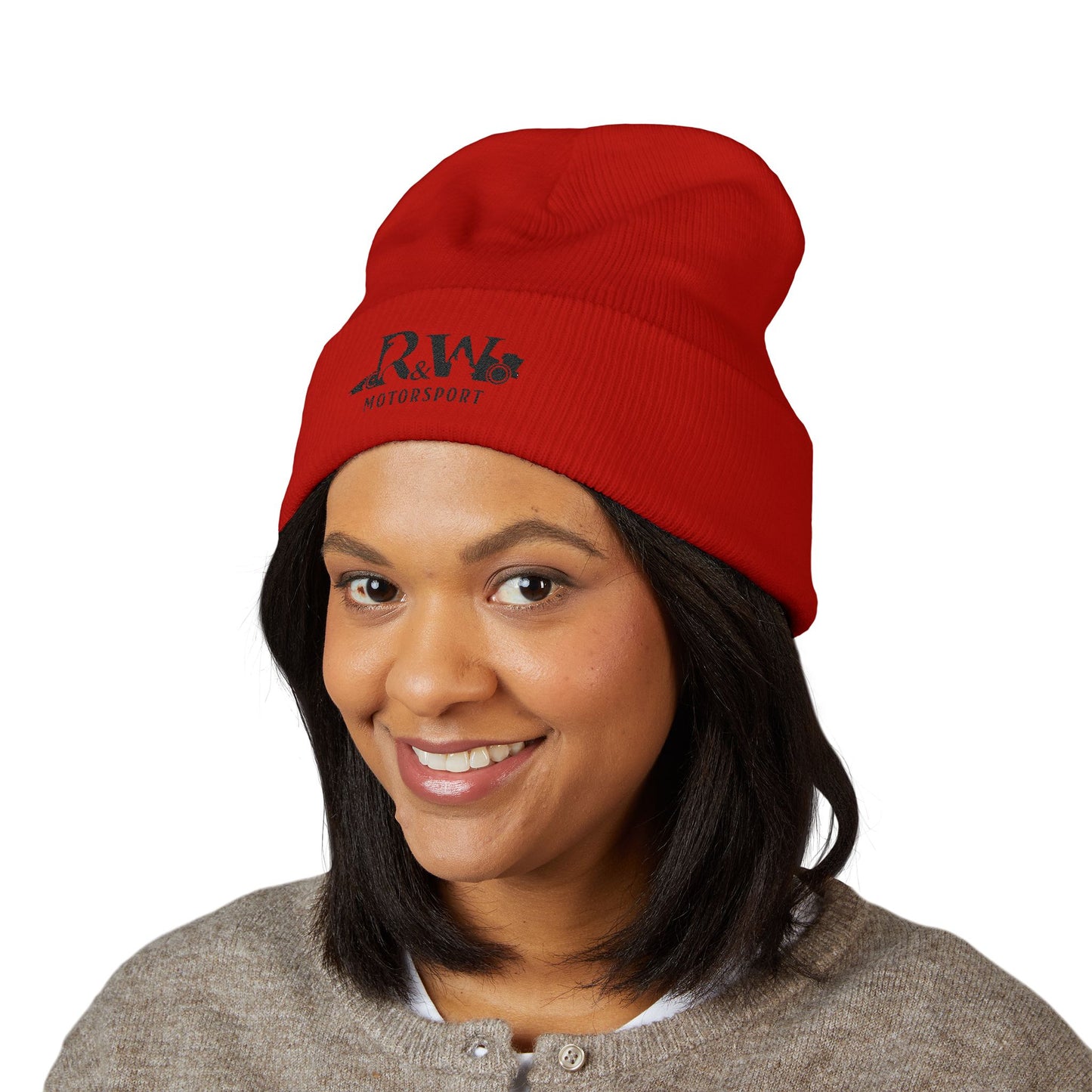 R&W Motorsport Embroidered Cuffed Beanie — Racing Logo Knit Hat