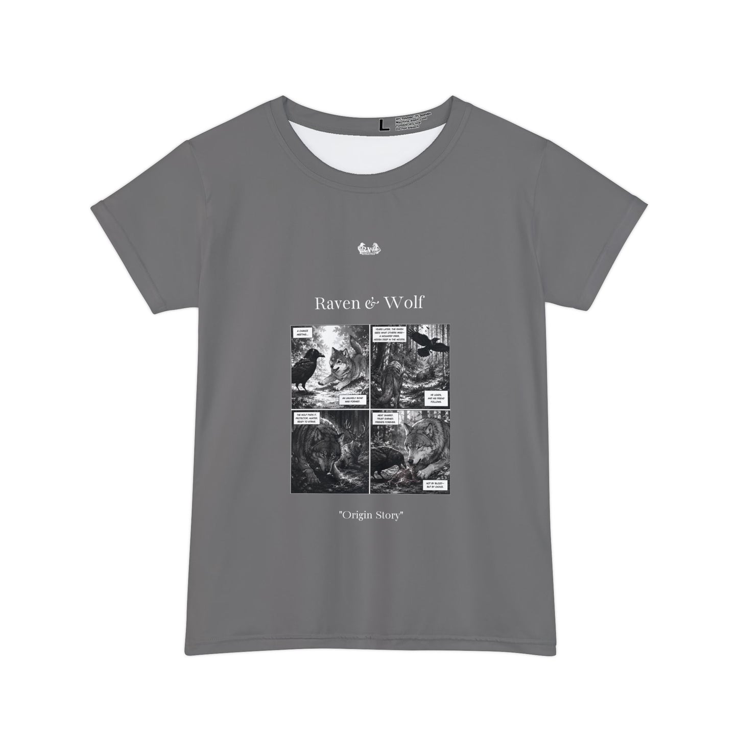Women's Raven & Wolf "Origin Story" Vintage Comic Graphic Tee — Asphalt Grey
