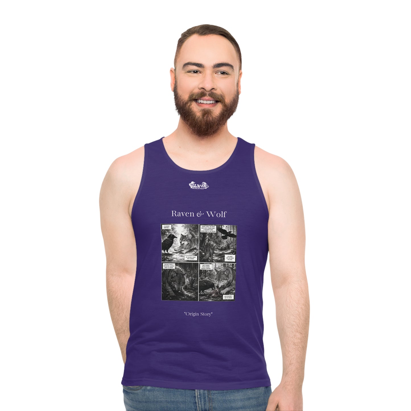 R&W Athletics "Origin Story" Comic-Style Fitness Tank Top — Raven