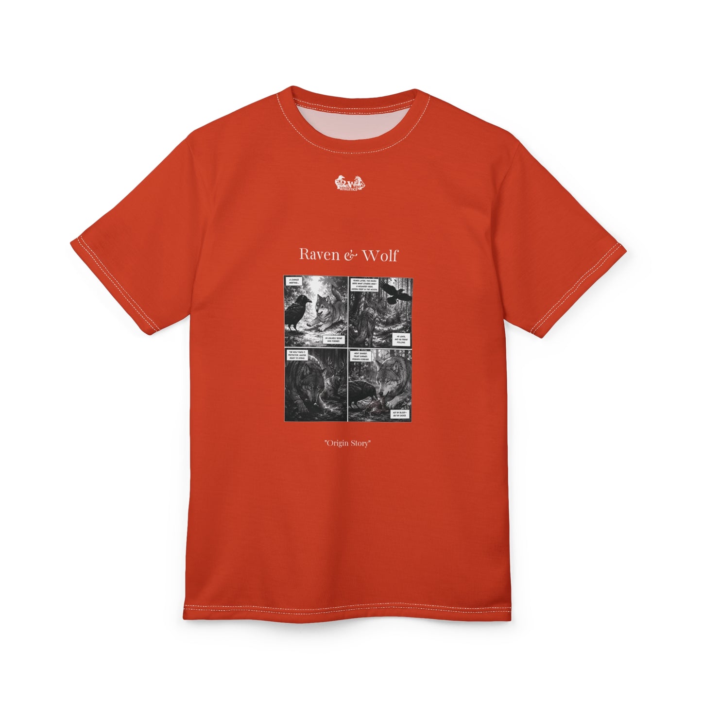 Raven & Wolf "Origin Story" Graphic Tee — Rojo Rugiente II Vintage Gothic Comic Panel T-Shirt