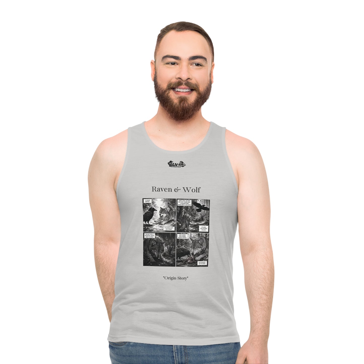 R&W Athletics "Origin Story" Comic-Style Fitness Tank Top — Wolf Grey