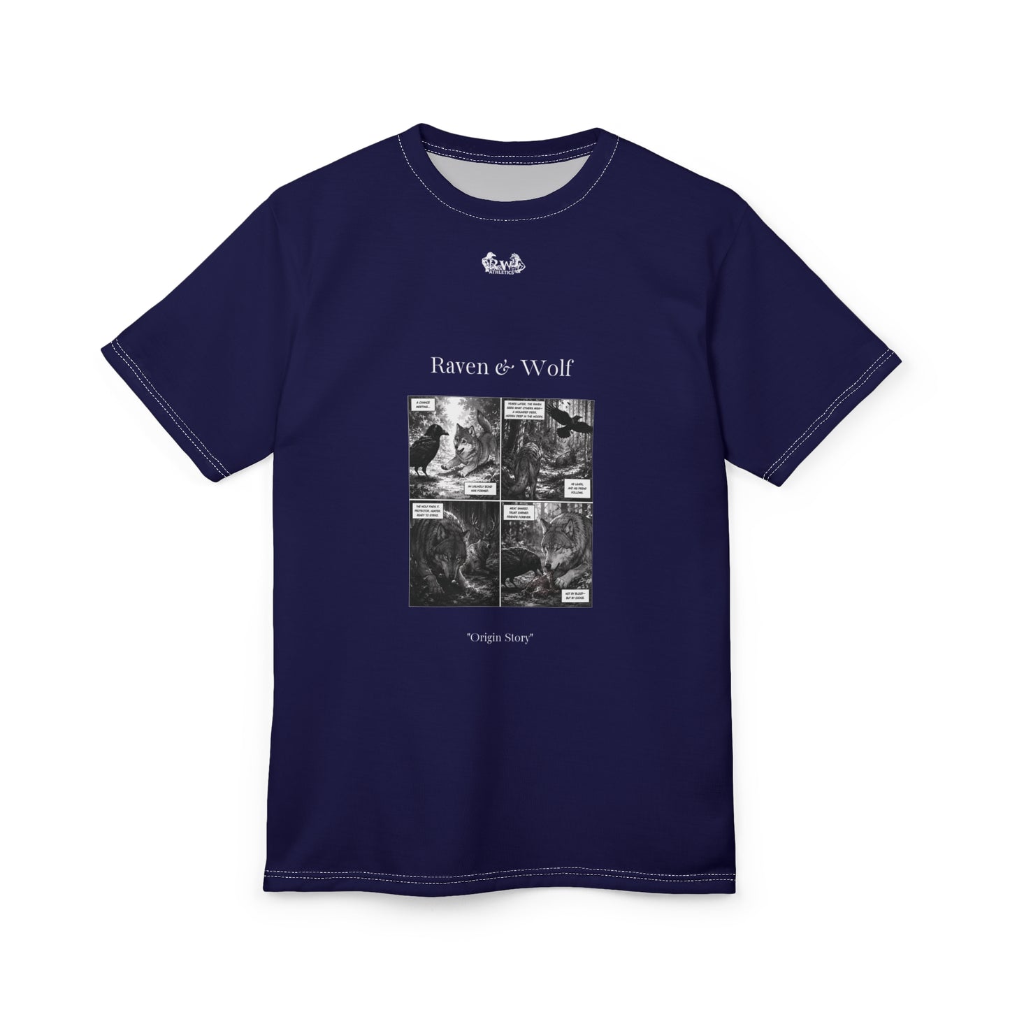 Raven & Wolf "Origin Story" Graphic Tee — Noble Navy Vintage Gothic Comic Panel T-Shirt