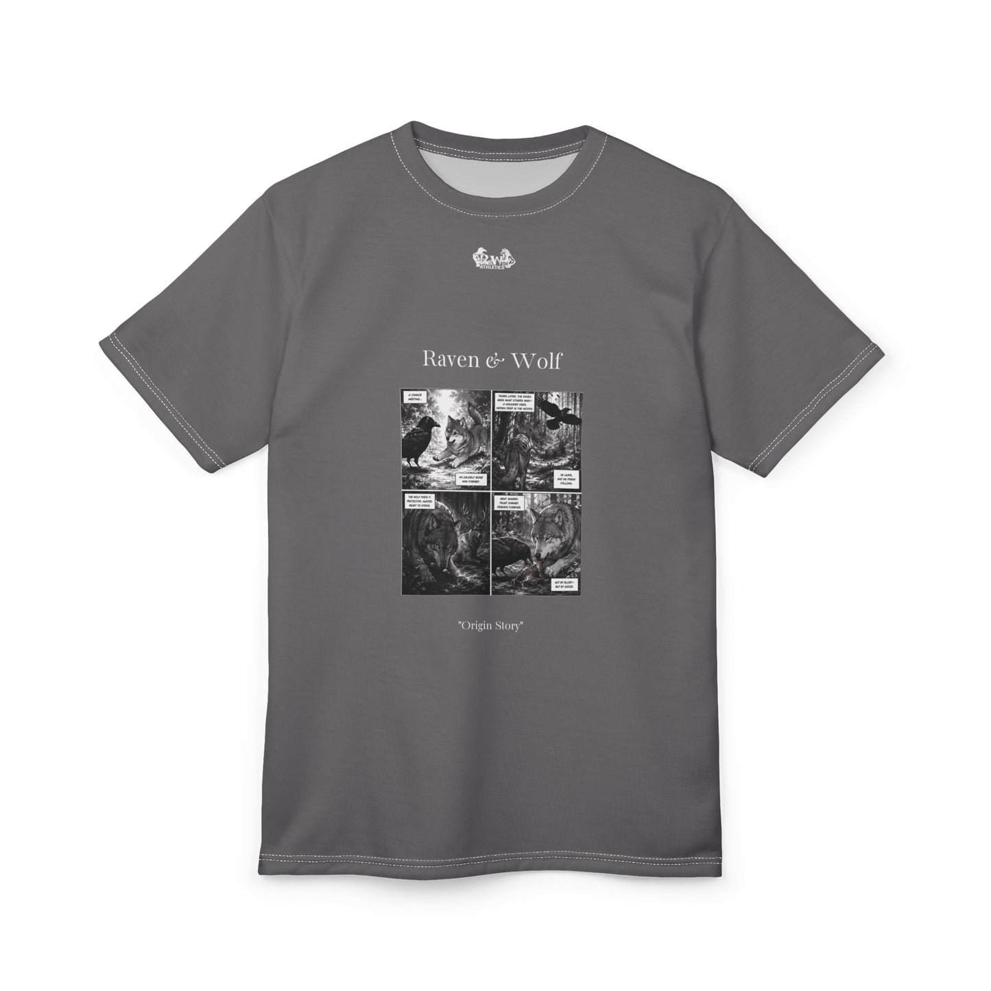 Raven & Wolf "Origin Story" Graphic Tee — Asphalt Grey Vintage Gothic Comic Panel T-Shirt