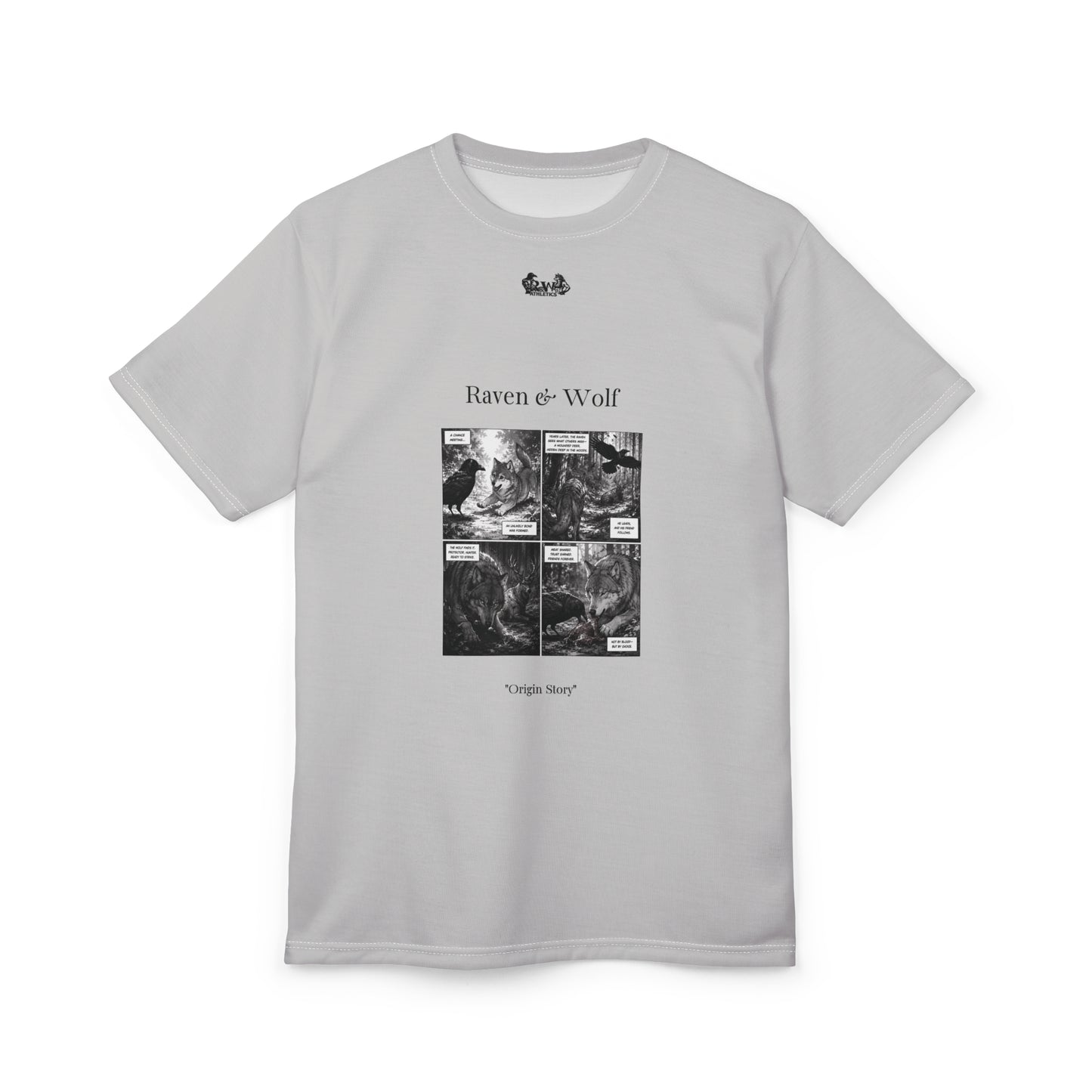 Raven & Wolf "Origin Story" Graphic Tee — Wolf Grey Vintage Gothic Comic Panel T-Shirt