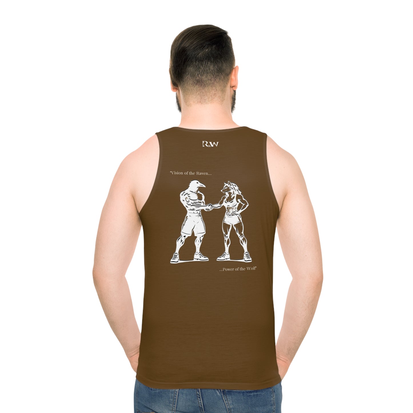 R&W Athletics "Origin Story" Comic-Style Fitness Tank Top — Maduro Marrón