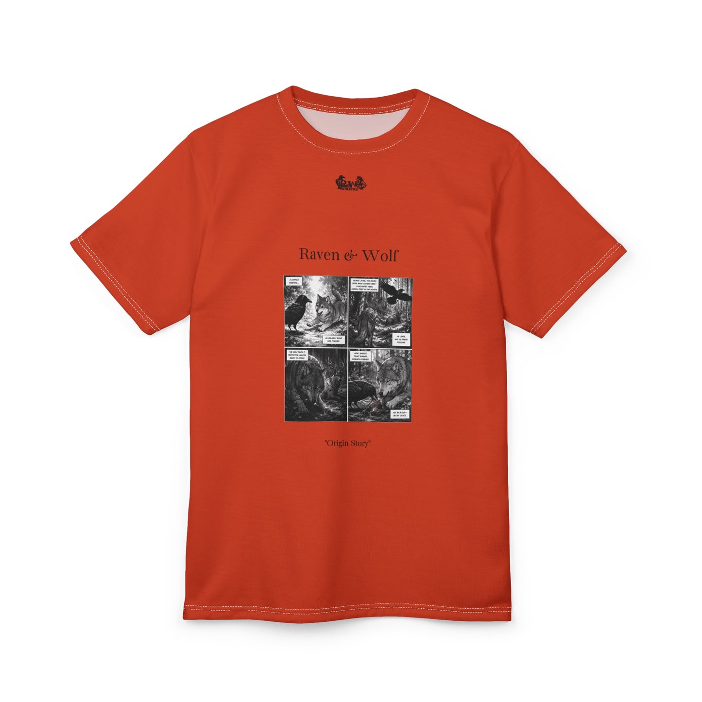 Raven & Wolf "Origin Story" Graphic Tee — Rojo Rugiente I Vintage Gothic Comic Panel T-Shirt