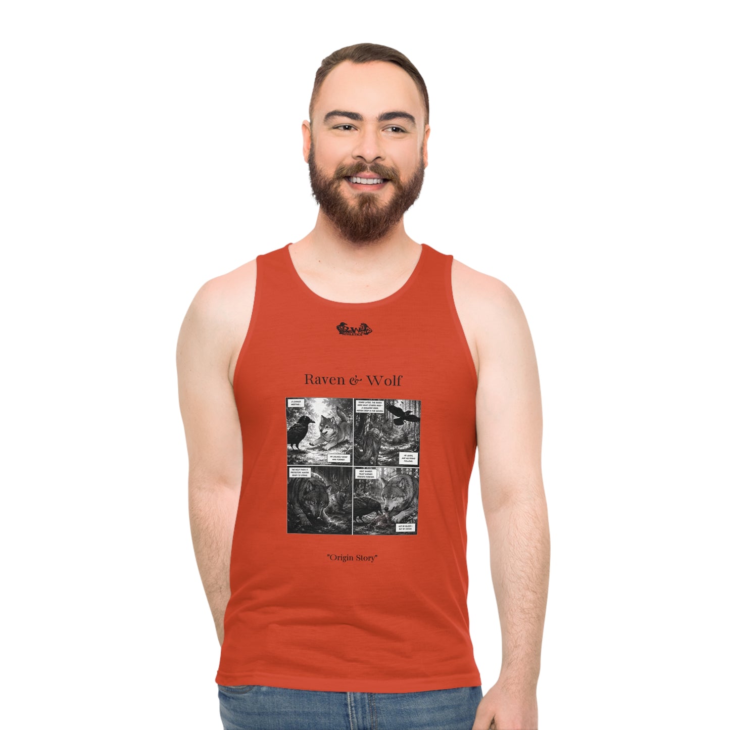 R&W Athletics "Origin Story" Comic-Style Fitness Tank Top — Rojo Rugiente