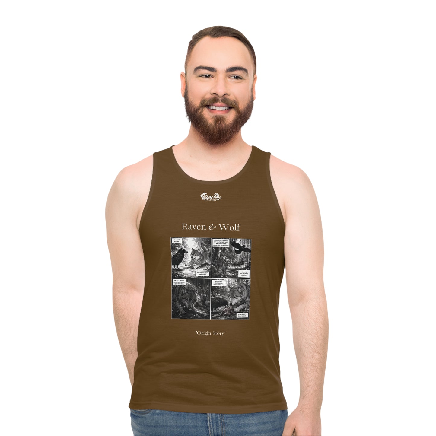 R&W Athletics "Origin Story" Comic-Style Fitness Tank Top — Maduro Marrón