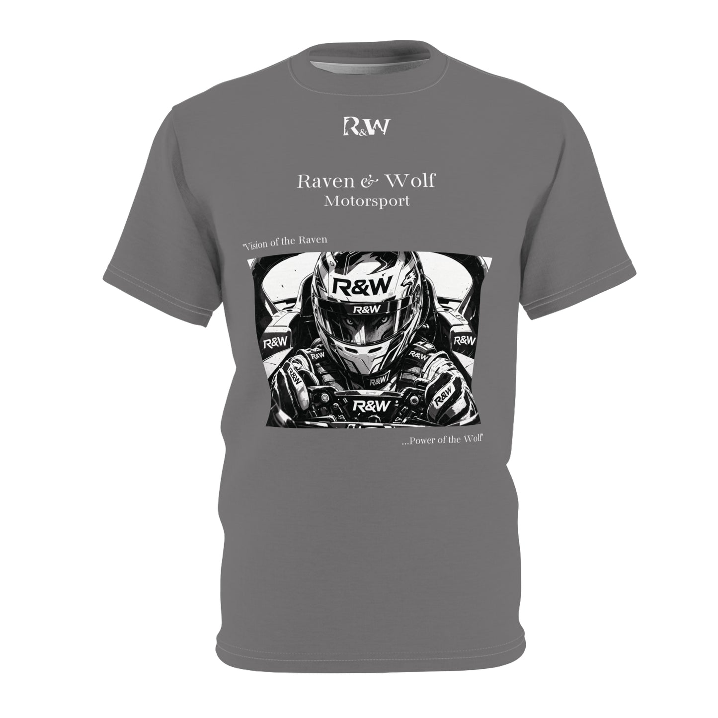 R&W Motorsport "Team Motto" Graphic Tee — Asphalt Grey Vintage Gothic Comic Panel T-Shirt