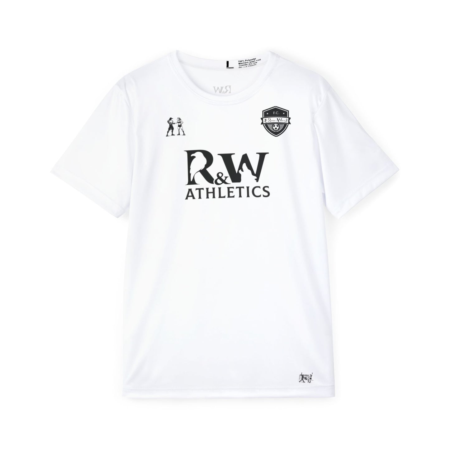A white short-sleeve athletic t-shirt with black printed graphics, featuring the 'R&W ATHLETICS' logo on the chest, a team crest on the left chest, and a small logo on the right chest, displayed on a clean white background.