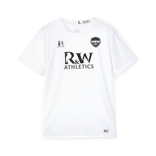 A white short-sleeve athletic t-shirt with black printed graphics, featuring the 'R&W ATHLETICS' logo on the chest, a team crest on the left chest, and a small logo on the right chest, displayed on a clean white background.