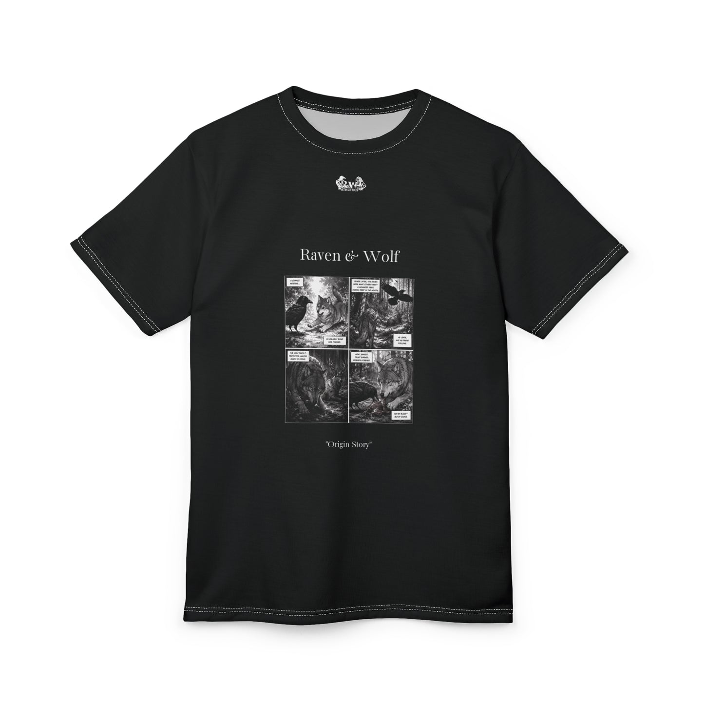 Raven & Wolf "Origin Story" Graphic Tee — Tarmac Black Vintage Gothic Comic Panel T-Shirt