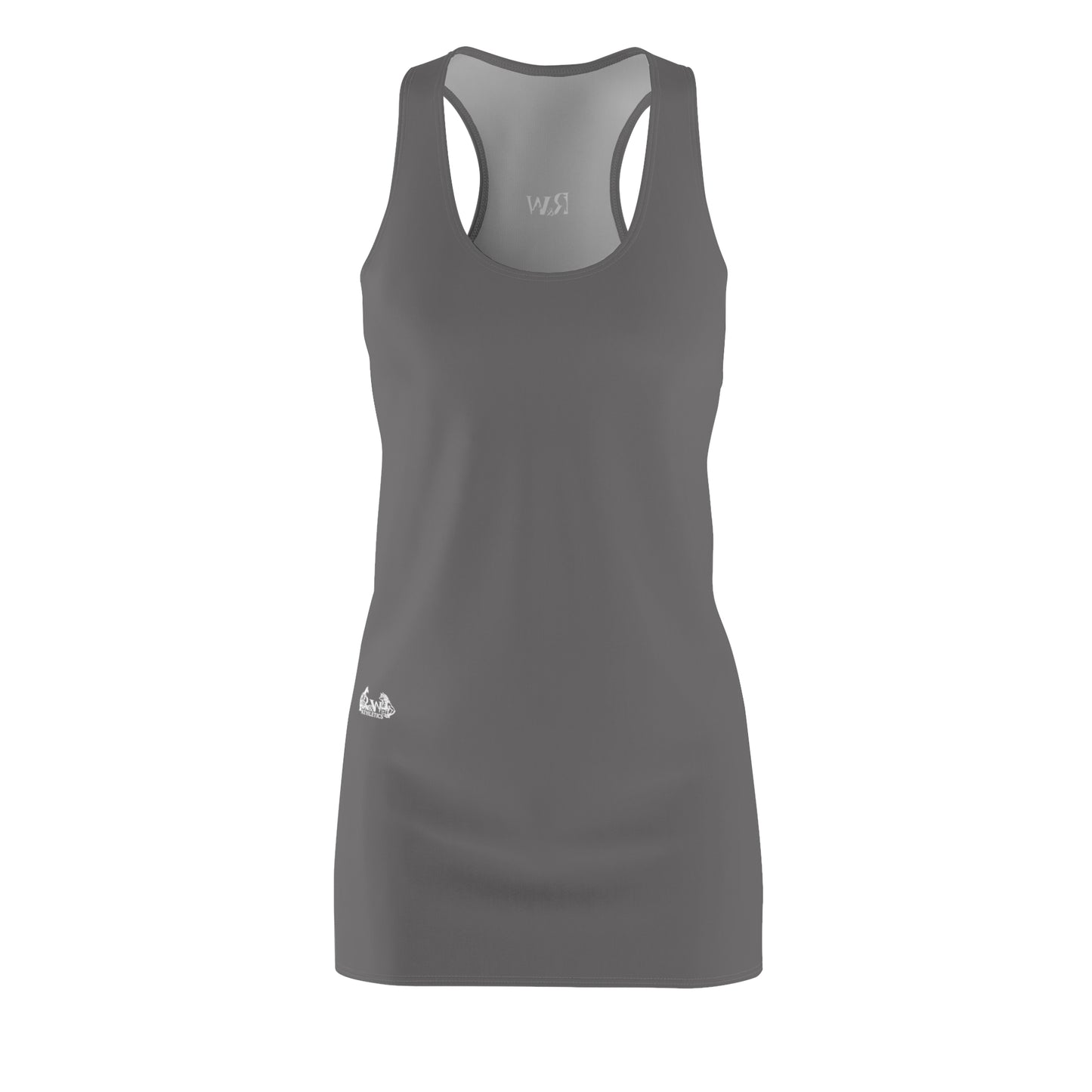 R&W Women's Racerback Dress (Asphalt Grey) — Minimalist Small Front & Back Logo Summer Dress