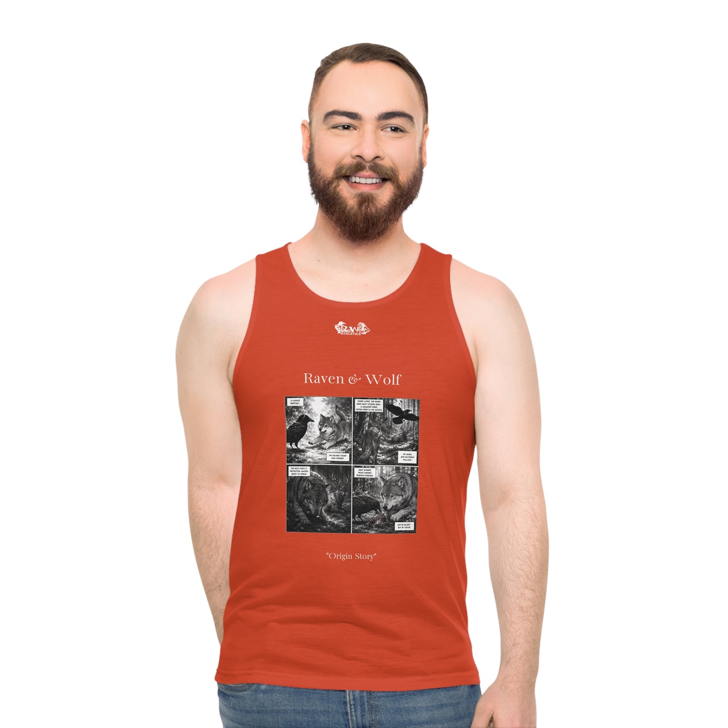R&W Athletics "Origin Story" Comic-Style Fitness Tank Top — Rojo Rugiente II