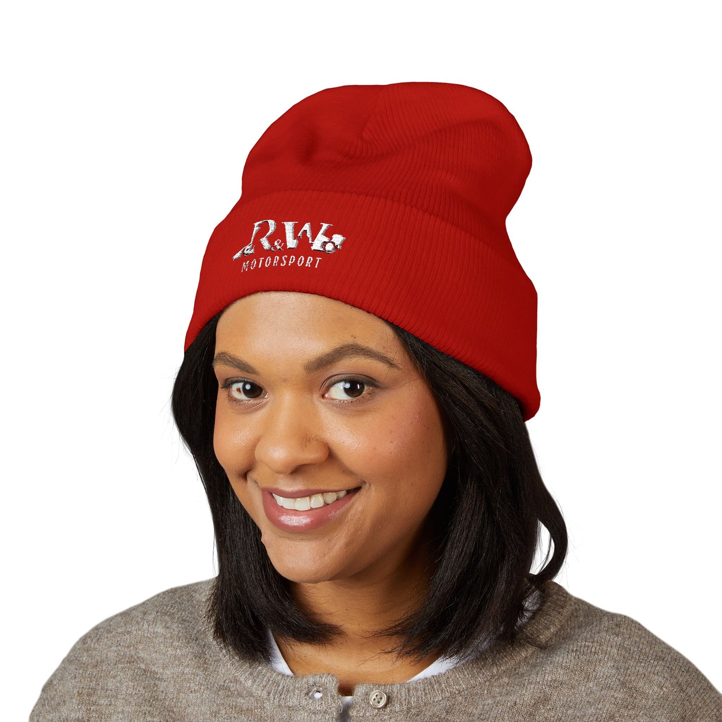 R&W Motorsport Embroidered Cuffed Beanie — Racing Logo Knit Hat