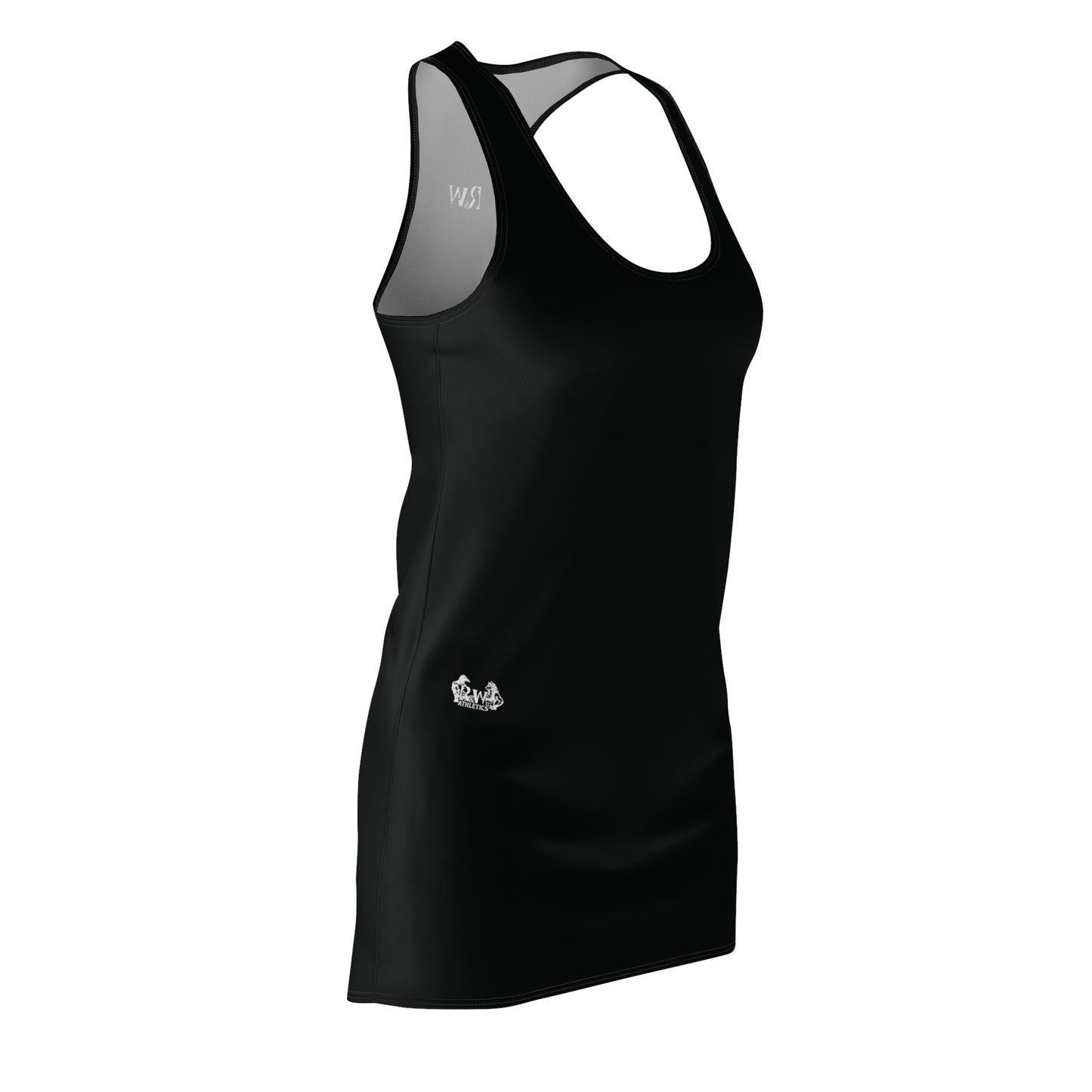 R&W Women's Racerback Dress (Tarmac Black) — Minimalist Small Front & Back Logo Summer Dress