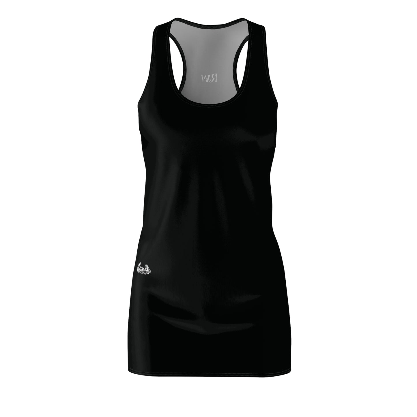 R&W Women's Racerback Dress (Tarmac Black) — Minimalist Small Front & Back Logo Summer Dress