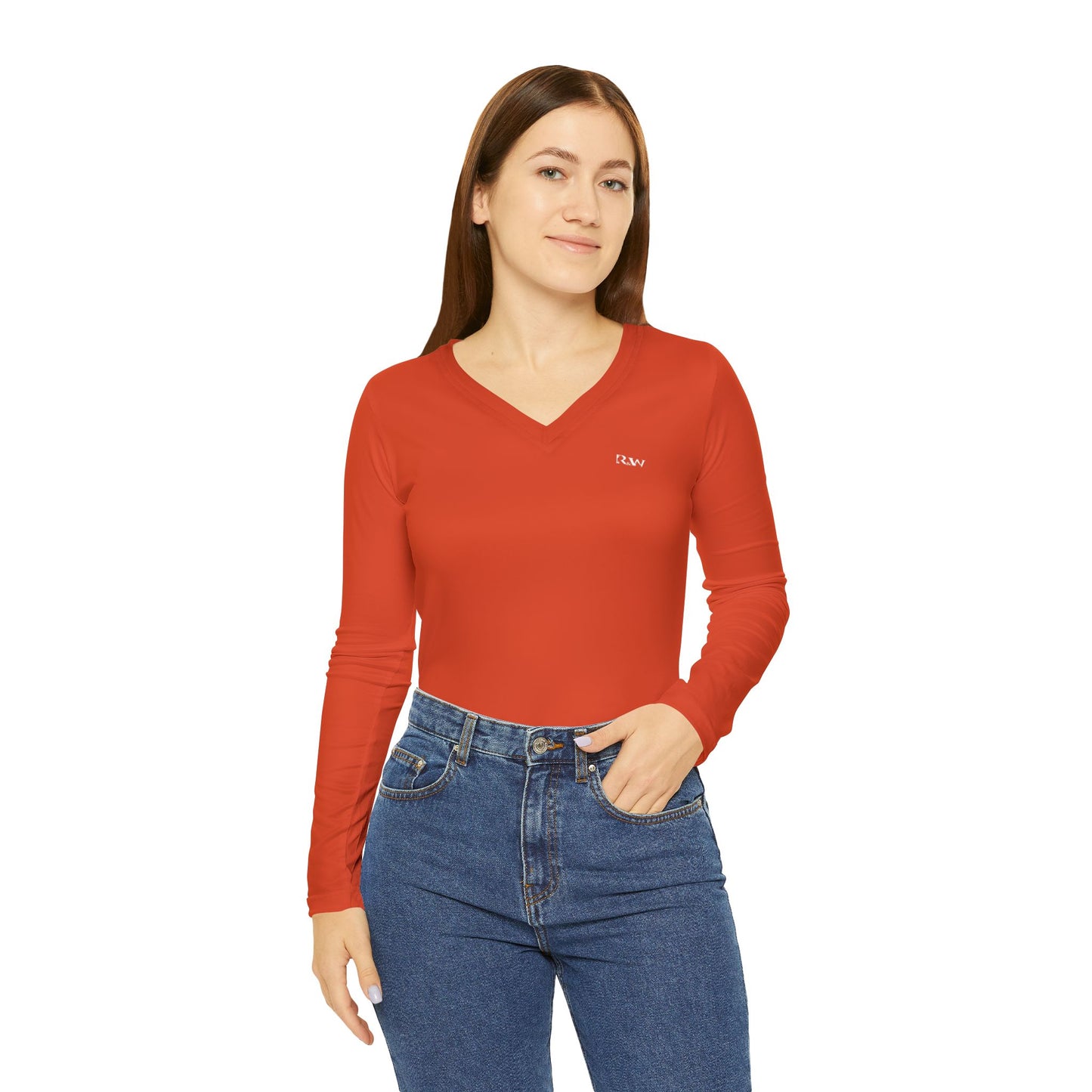 R&W Women's Minimalist V-Neck Long Sleeve Shirt -Rojo Rugiente II