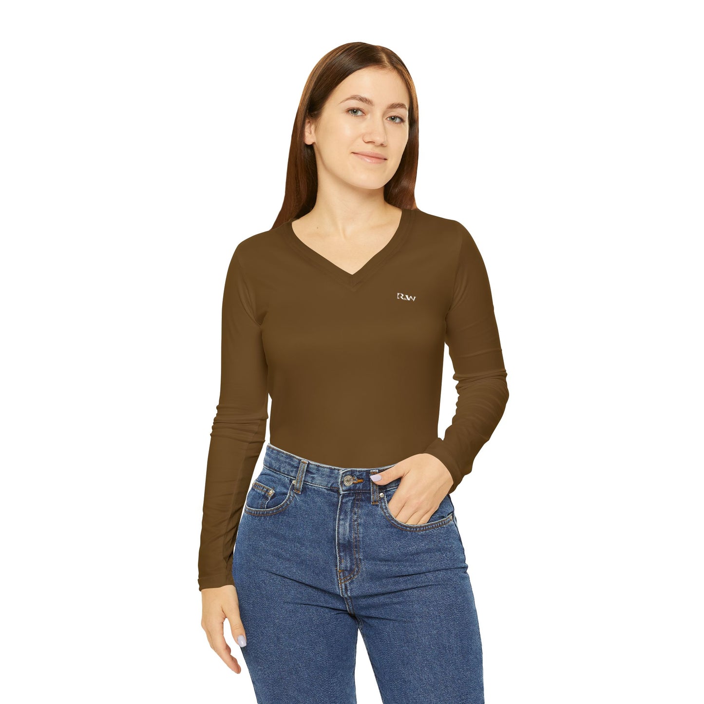 R&W Women's Minimalist V-Neck Long Sleeve Shirt - Maduro Marrón