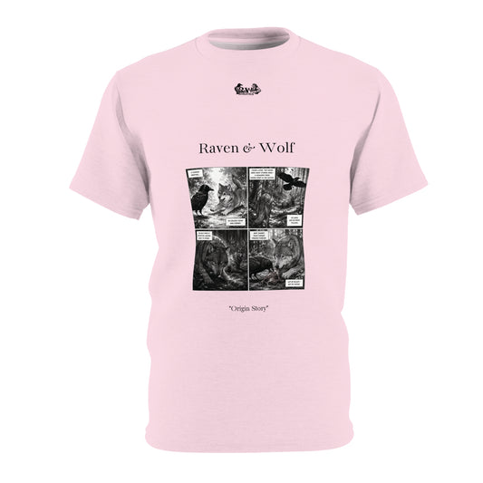 Raven & Wolf "Origin Story" Graphic Tee — Performance Pink Vintage Gothic Comic Panel T-Shirt