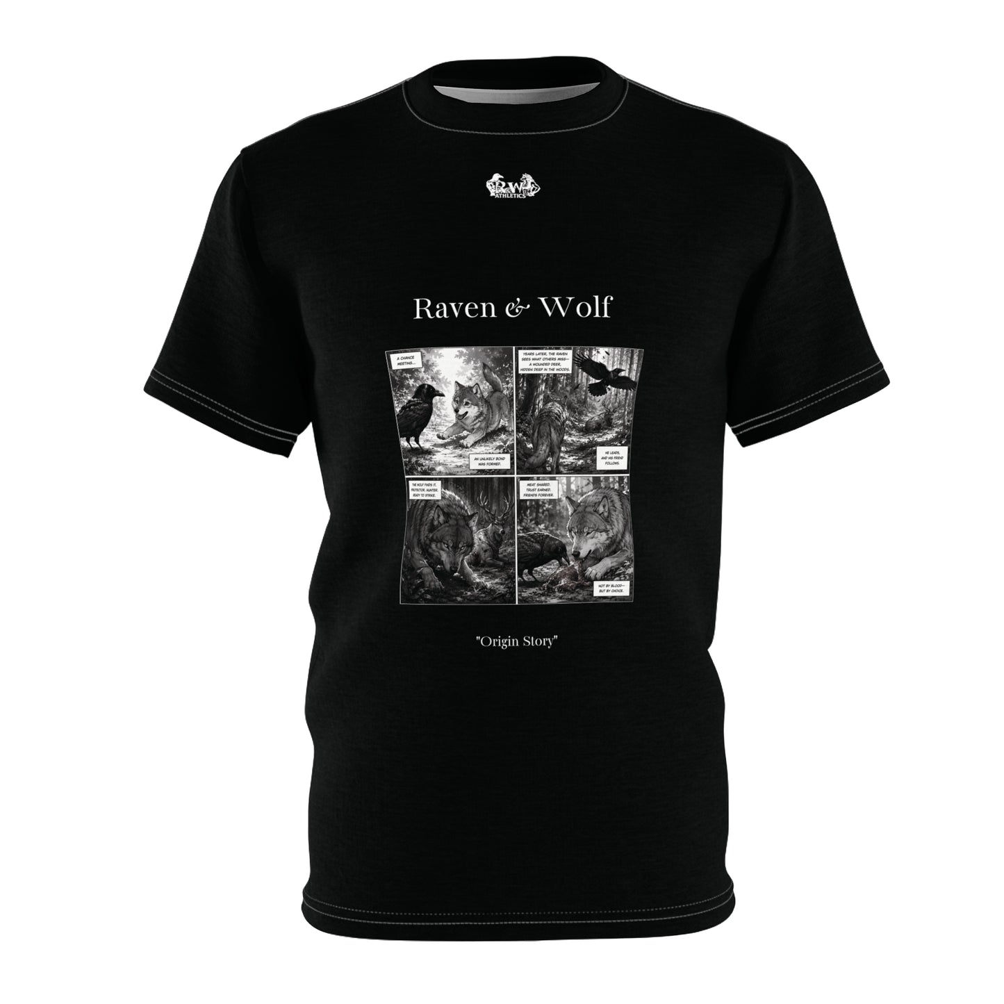 Raven & Wolf "Origin Story" Graphic Tee — Tarmac Black Vintage Gothic Comic Panel T-Shirt