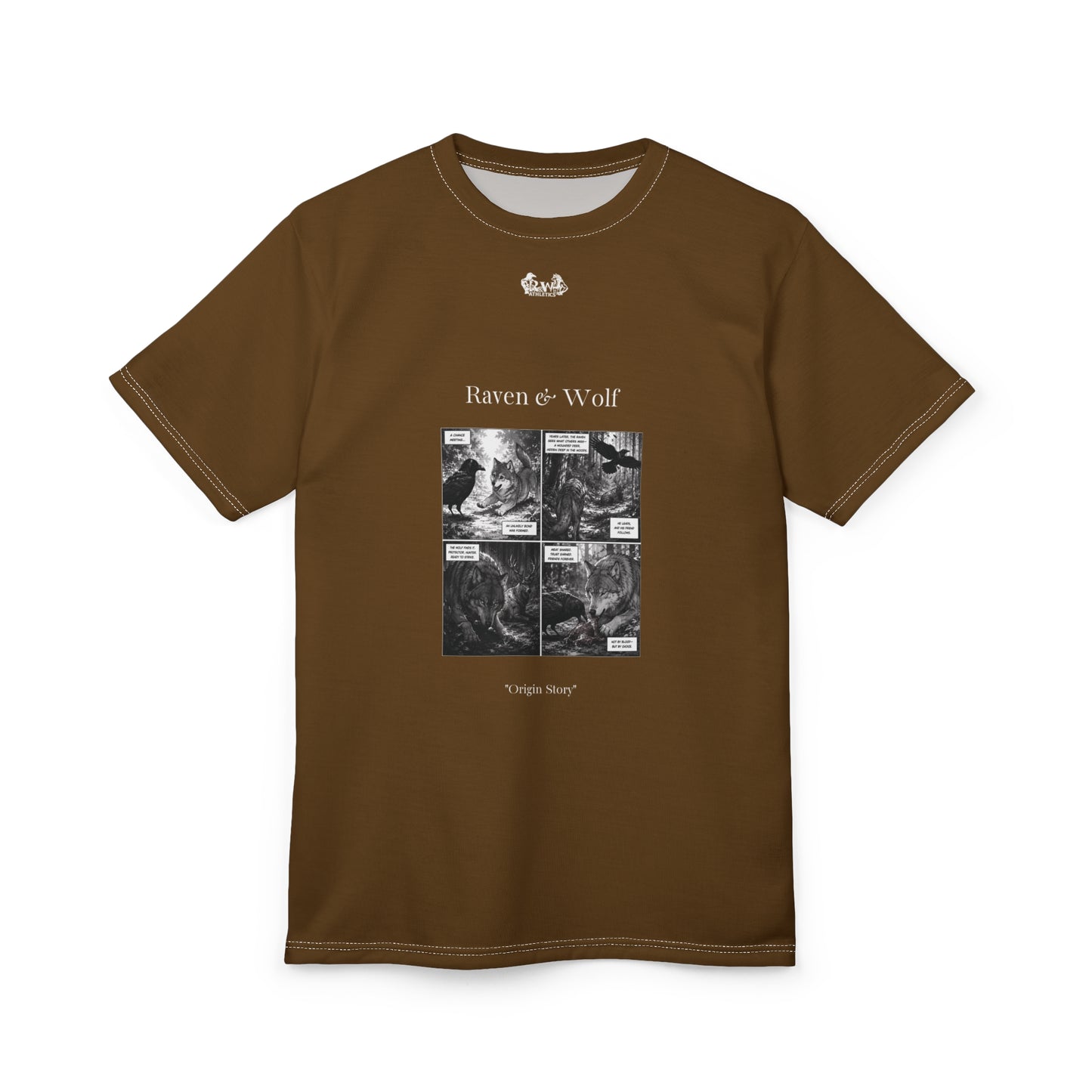 Raven & Wolf "Origin Story" Graphic Tee — Maduro Marron Vintage Gothic Comic Panel T-Shirt