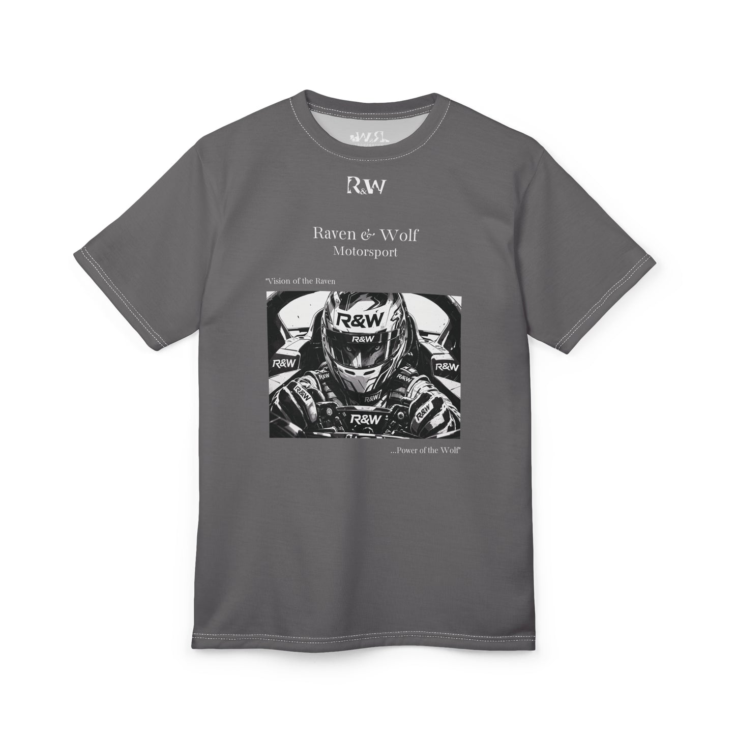 R&W Motorsport "Team Motto" Graphic Tee — Asphalt Grey Vintage Gothic Comic Panel T-Shirt