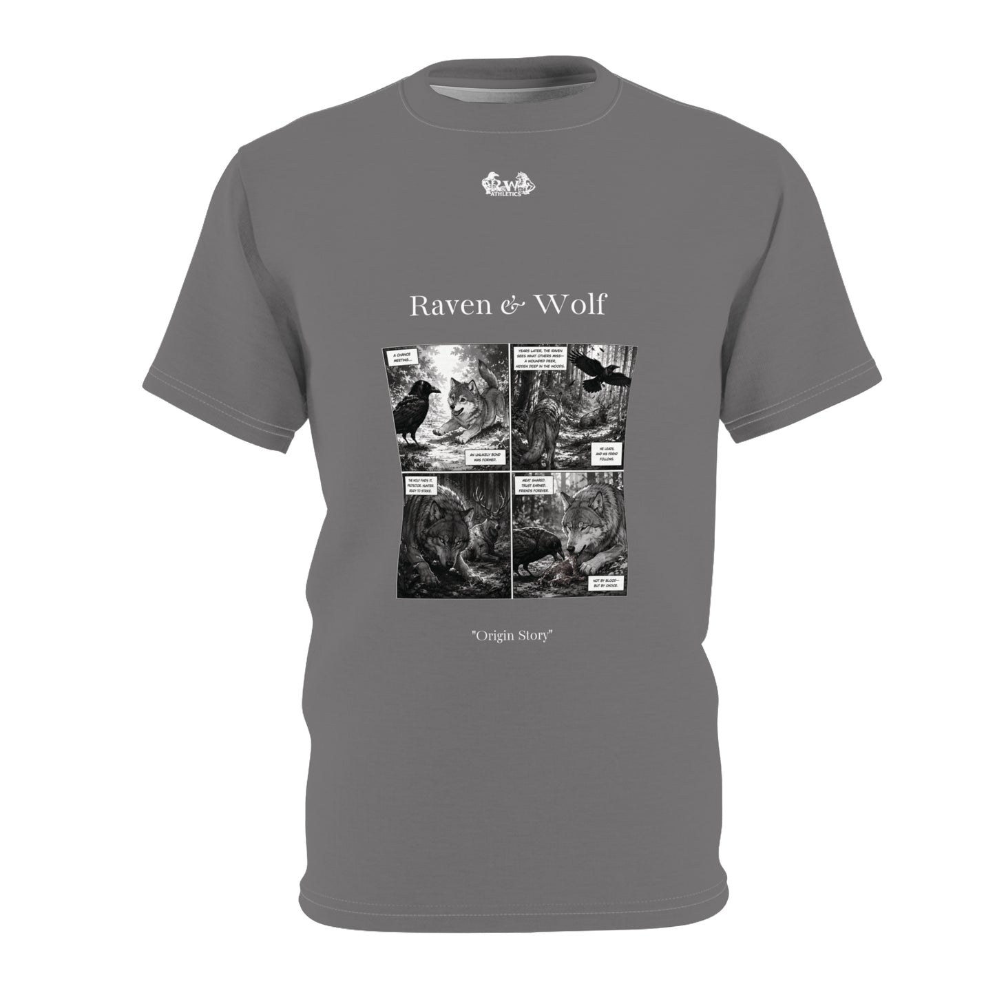 Raven & Wolf "Origin Story" Graphic Tee — Asphalt Grey Vintage Gothic Comic Panel T-Shirt