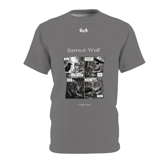Raven & Wolf "Origin Story" Graphic Tee — Asphalt Grey Vintage Gothic Comic Panel T-Shirt