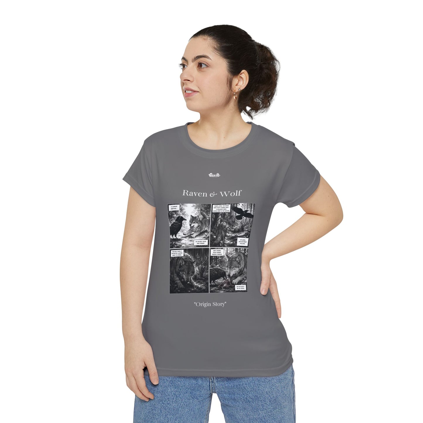 Women's Raven & Wolf "Origin Story" Vintage Comic Graphic Tee — Asphalt Grey