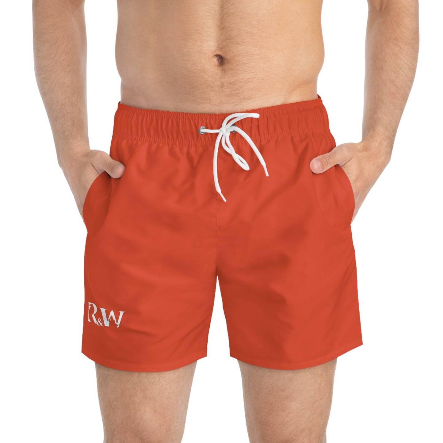 Mens Minimal Logo Swim Trunks — Rojo Rugiente II