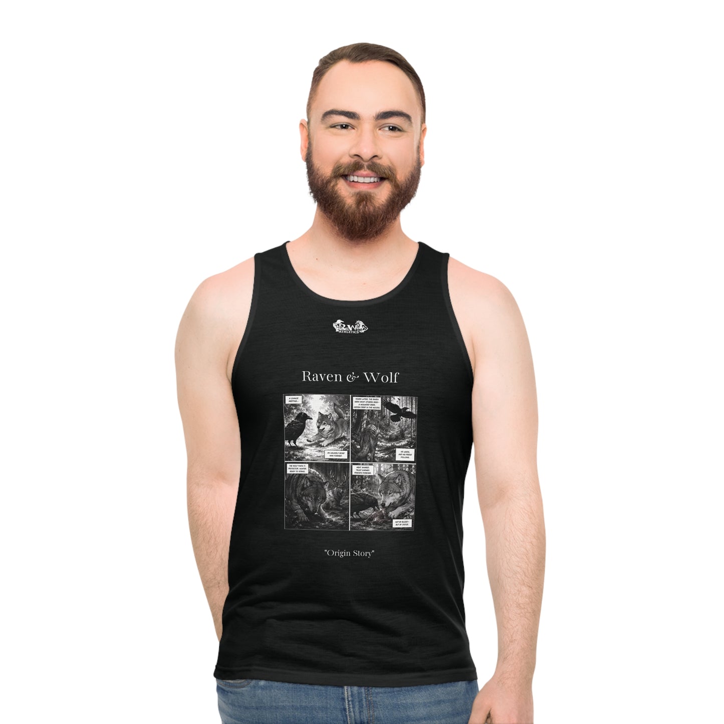 R&W Athletics "Origin Story" Comic-Style Fitness Tank Top — Tarmac Black