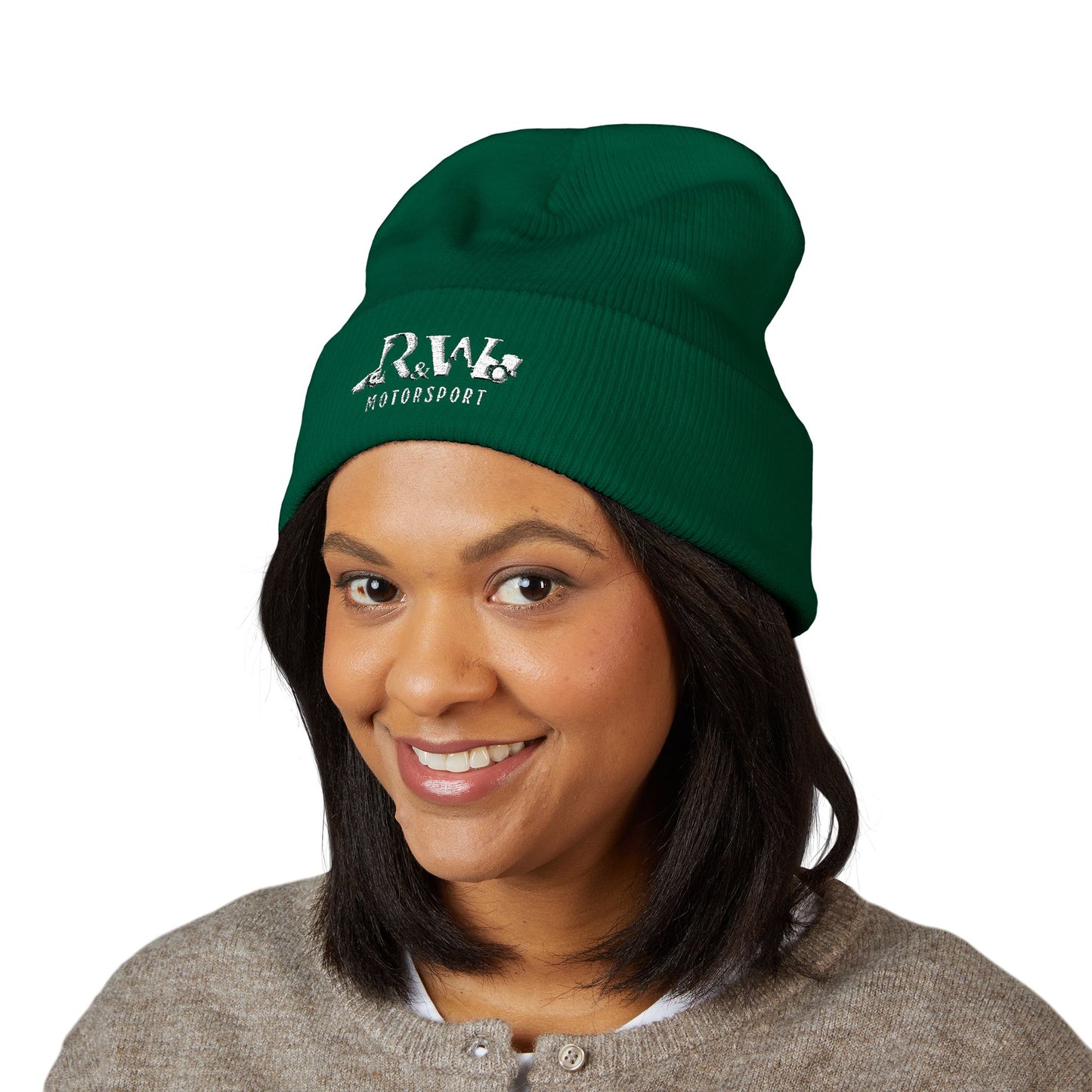 R&W Motorsport Embroidered Cuffed Beanie — Racing Logo Knit Hat