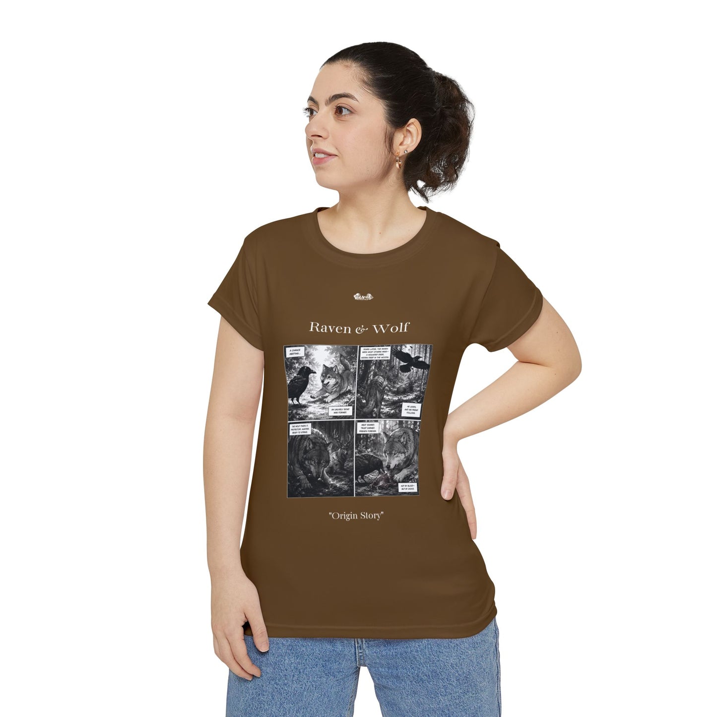 Women's Raven & Wolf "Origin Story" Vintage Comic Graphic Tee — Maduro Marrón