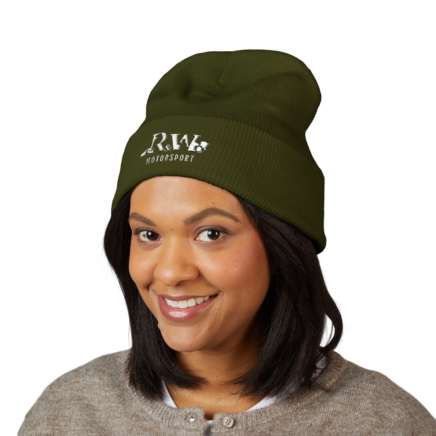R&W Motorsport Embroidered Cuffed Beanie — Racing Logo Knit Hat