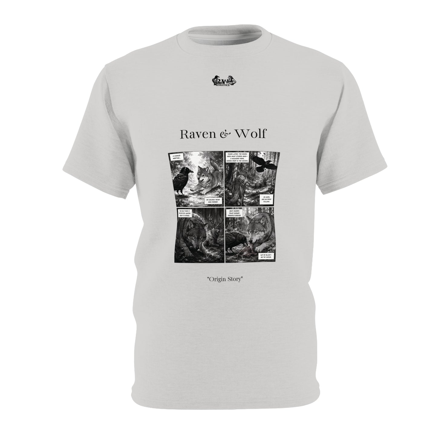 Raven & Wolf "Origin Story" Graphic Tee — Wolf Grey Vintage Gothic Comic Panel T-Shirt