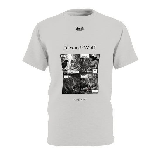 Raven & Wolf "Origin Story" Graphic Tee — Wolf Grey Vintage Gothic Comic Panel T-Shirt