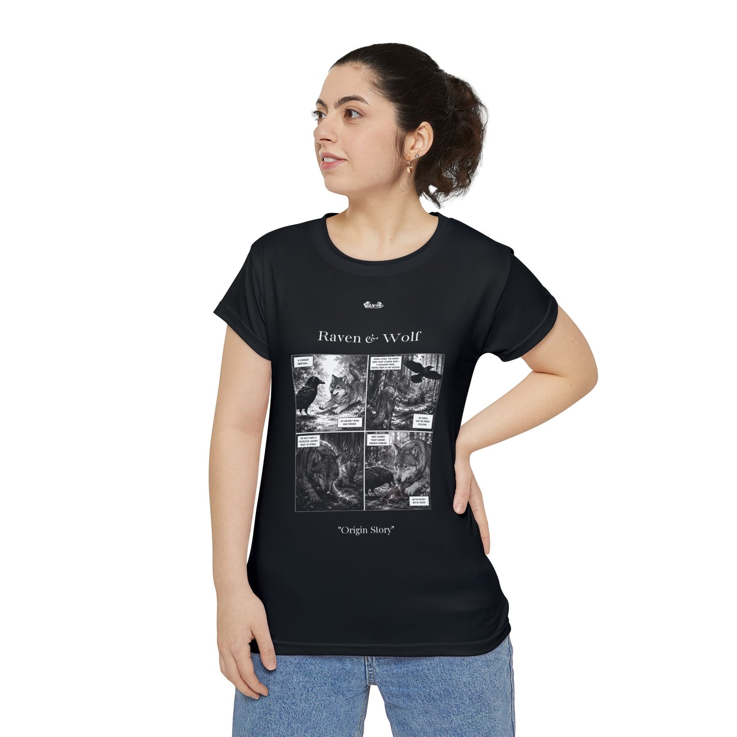 Women's Raven & Wolf "Origin Story" Vintage Comic Graphic Tee — Tarmac Black