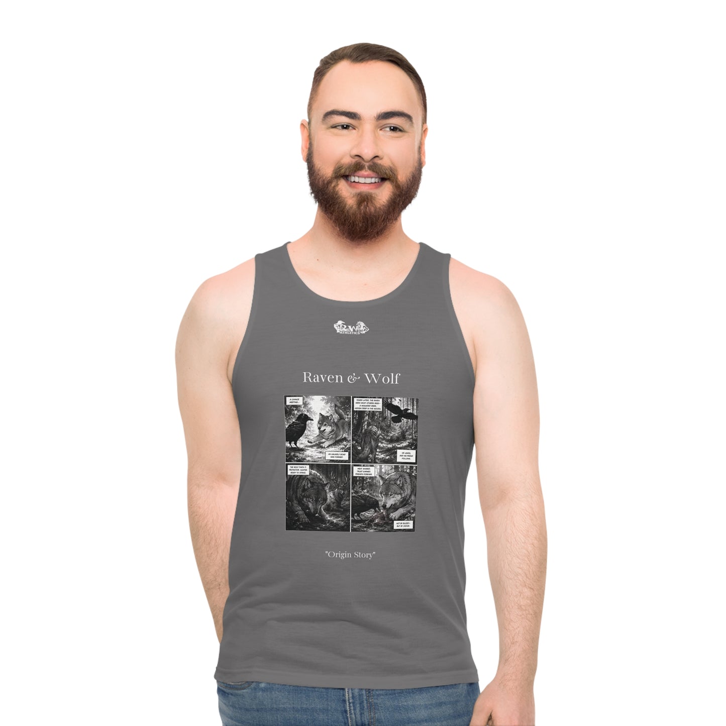 R&W Athletics "Origin Story" Comic-Style Fitness Tank Top — Asphalt Grey